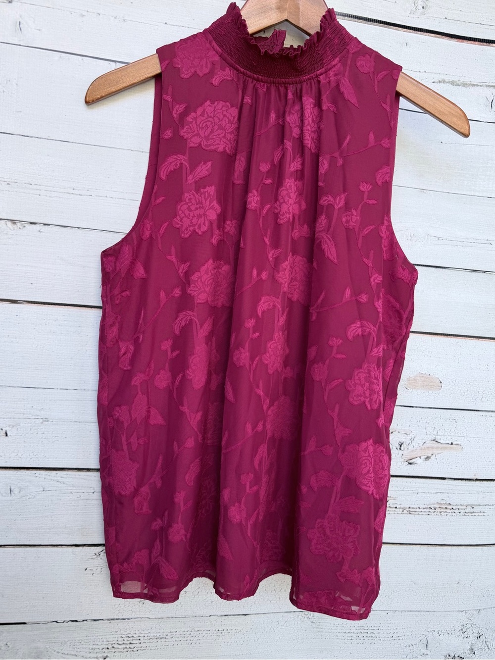 LOFT Textured Floral Burnout Smocked Mock Neck Blouse - Medium